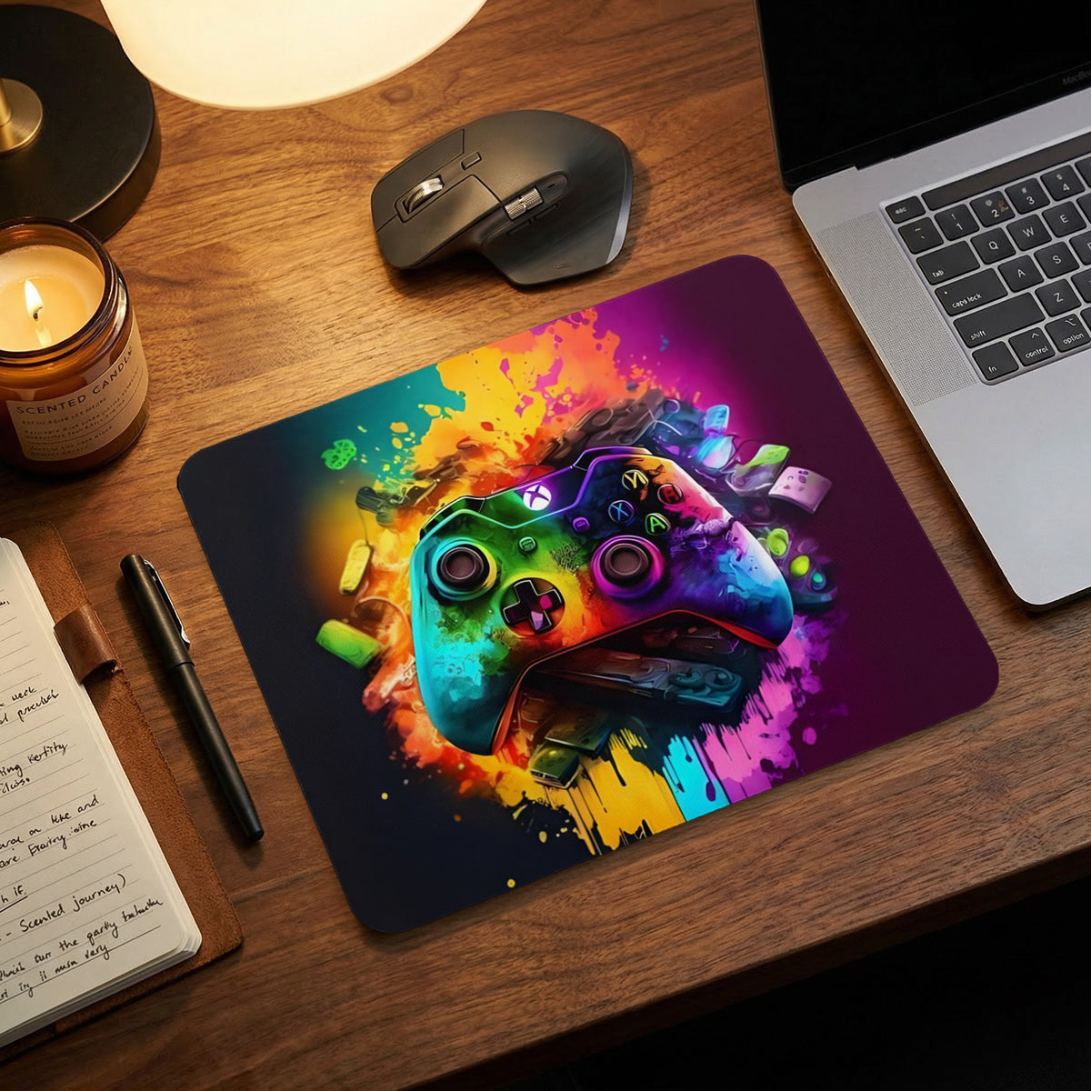 A colorful gaming mousepad featuring a vibrant watercolor controller illustration rests on a wooden desk.