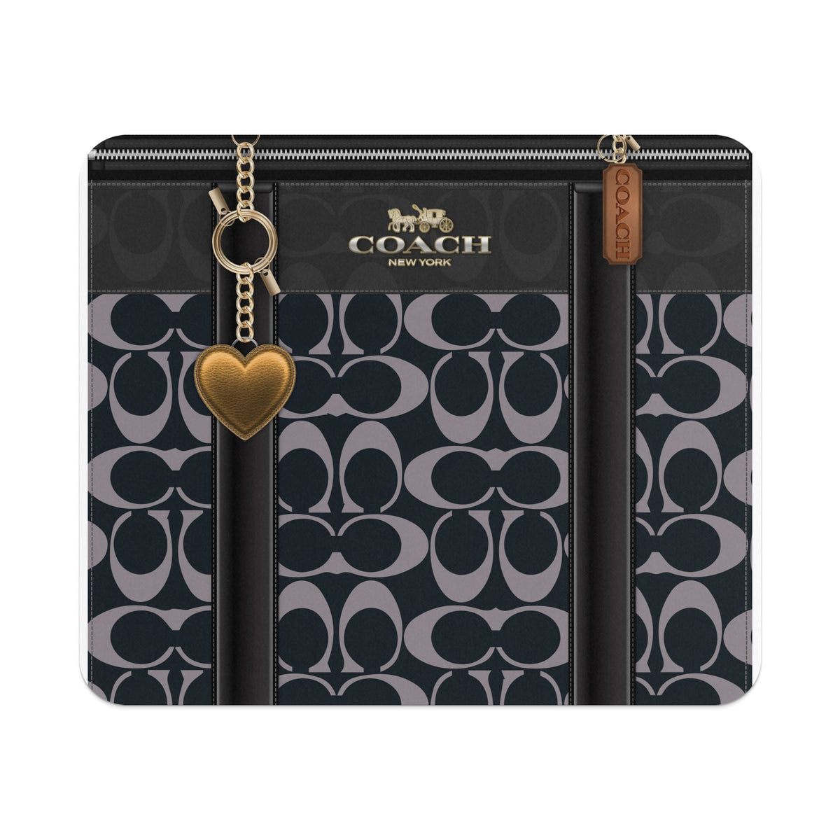 Coach bag with repeating C logo pattern, gold heart charm, and leather tag.