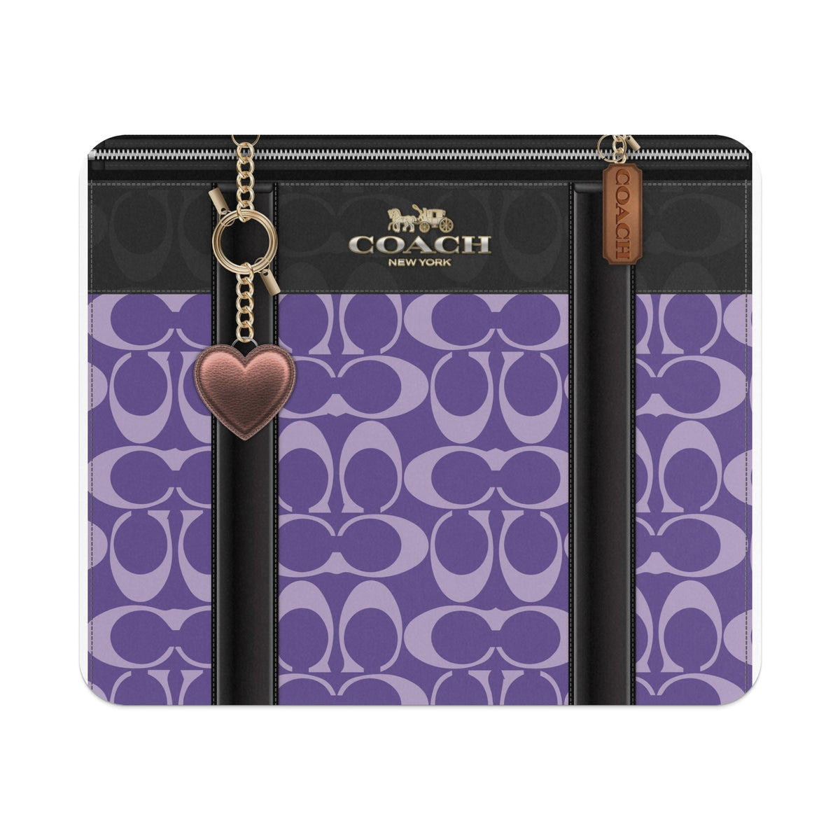 Coach bag with purple signature C pattern and heart keychain.