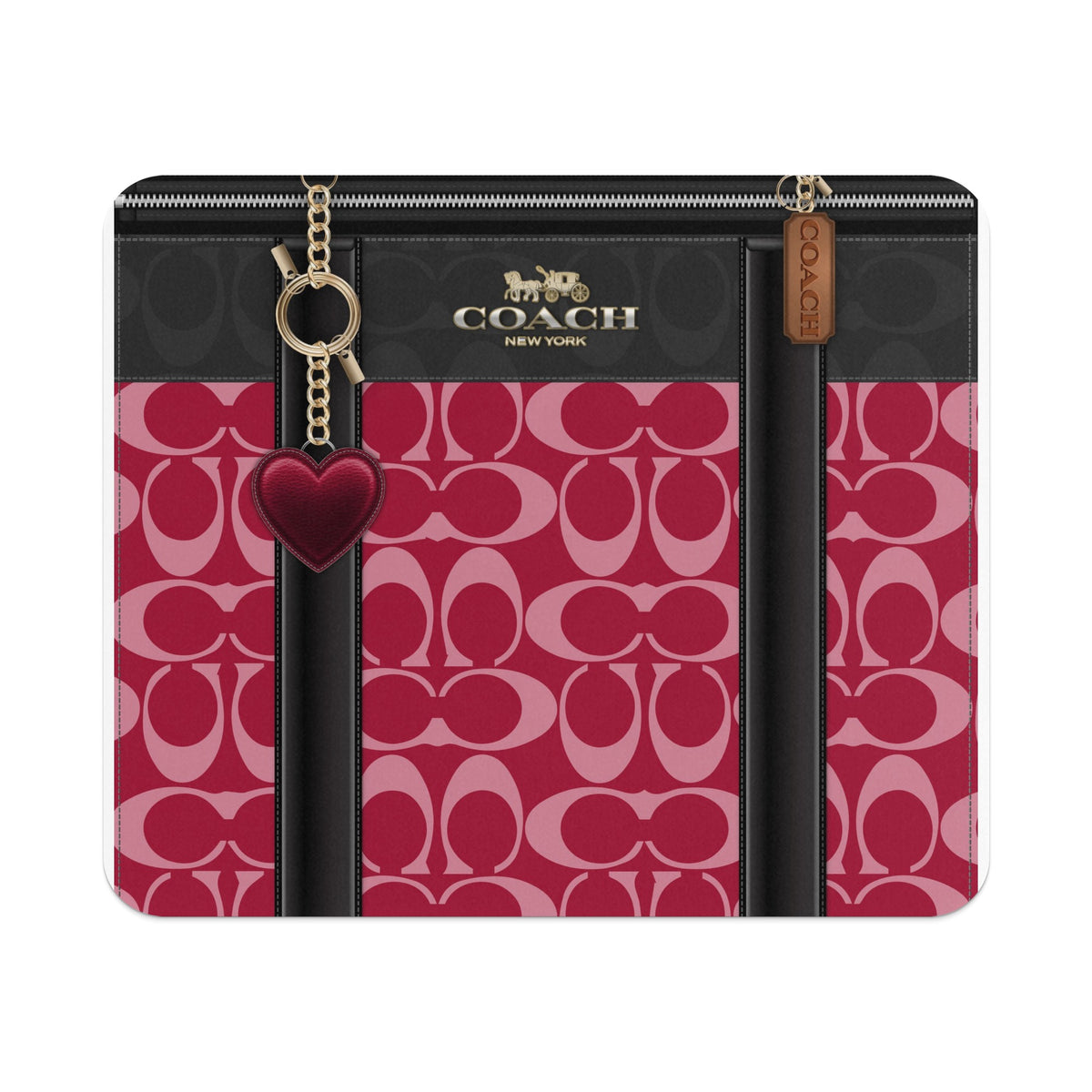 Coach canvas pattern with black trim and gold hardware, featuring a heart charm.