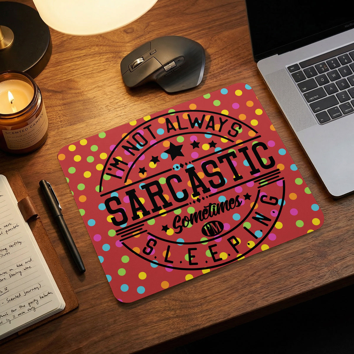 A rectangular mousepad with a red polka-dot background and the text "I'm not always sarcastic, sometimes I'm sleeping."