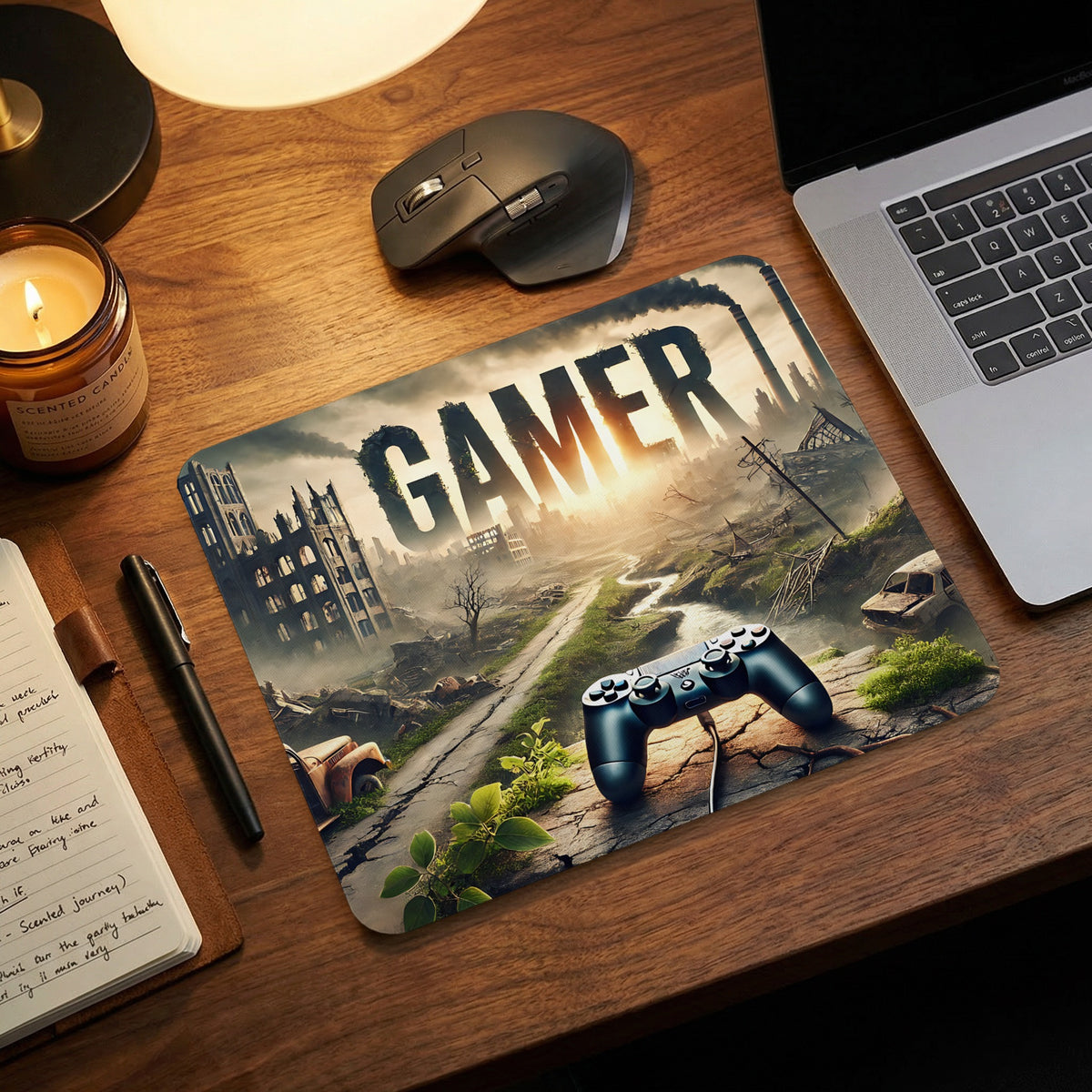 A rectangular desk mat featuring an apocalyptic video game landscape with the word GAMER in large letters.