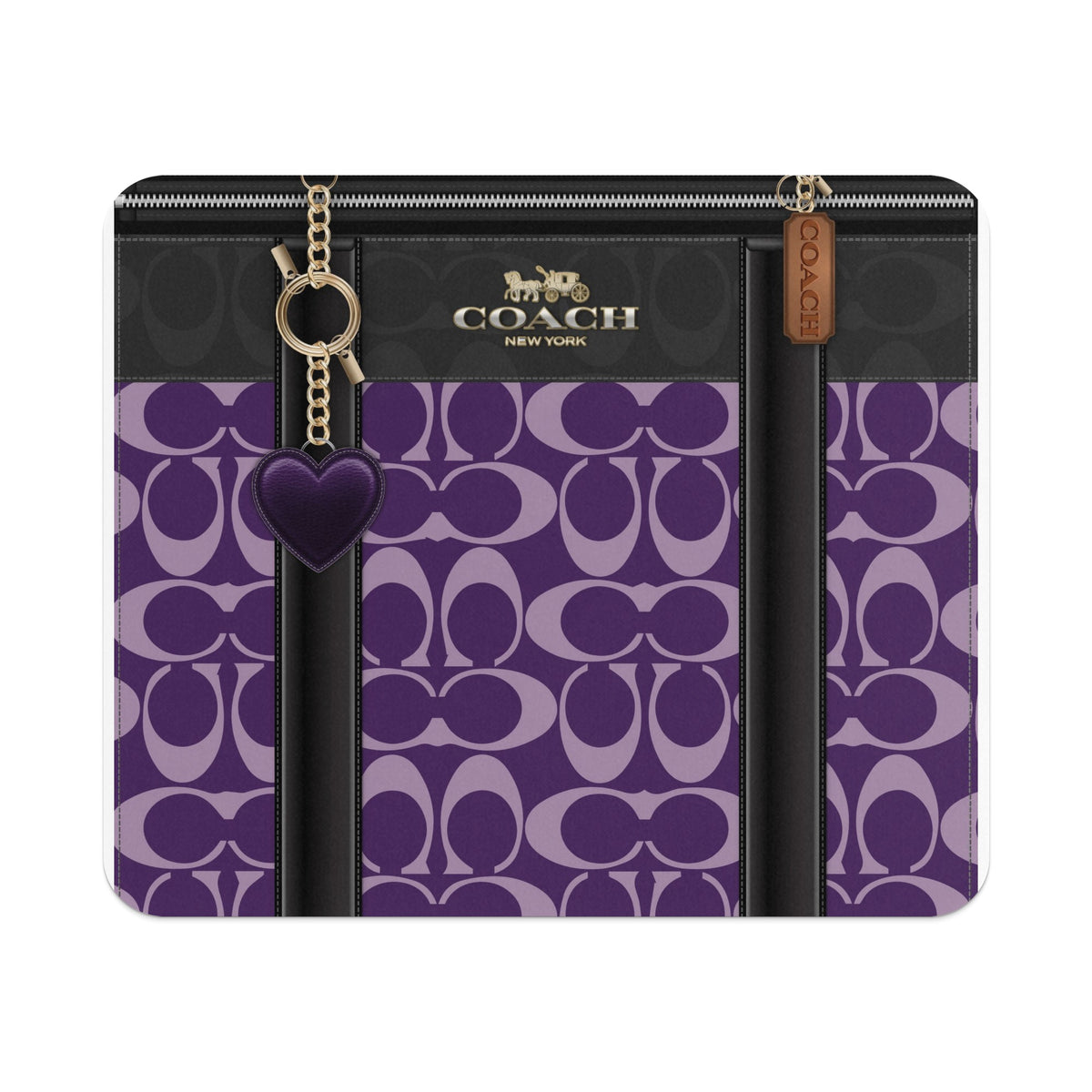 Coach wallet with purple C pattern, gold hardware, and heart charm.