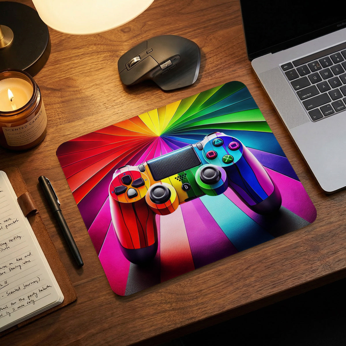 A rectangular mousepad featuring a vibrant rainbow-colored game controller illustration lies on a wooden desk.