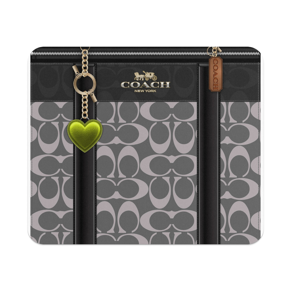 Coach wallet with all-over C pattern, heart charm, and logo plaque.