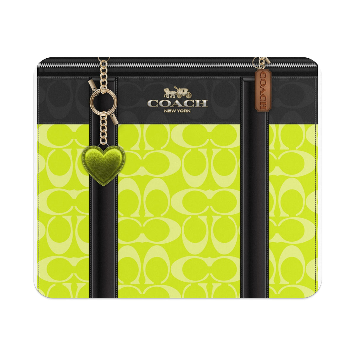 Coach bag with lime green monogram and heart charm.