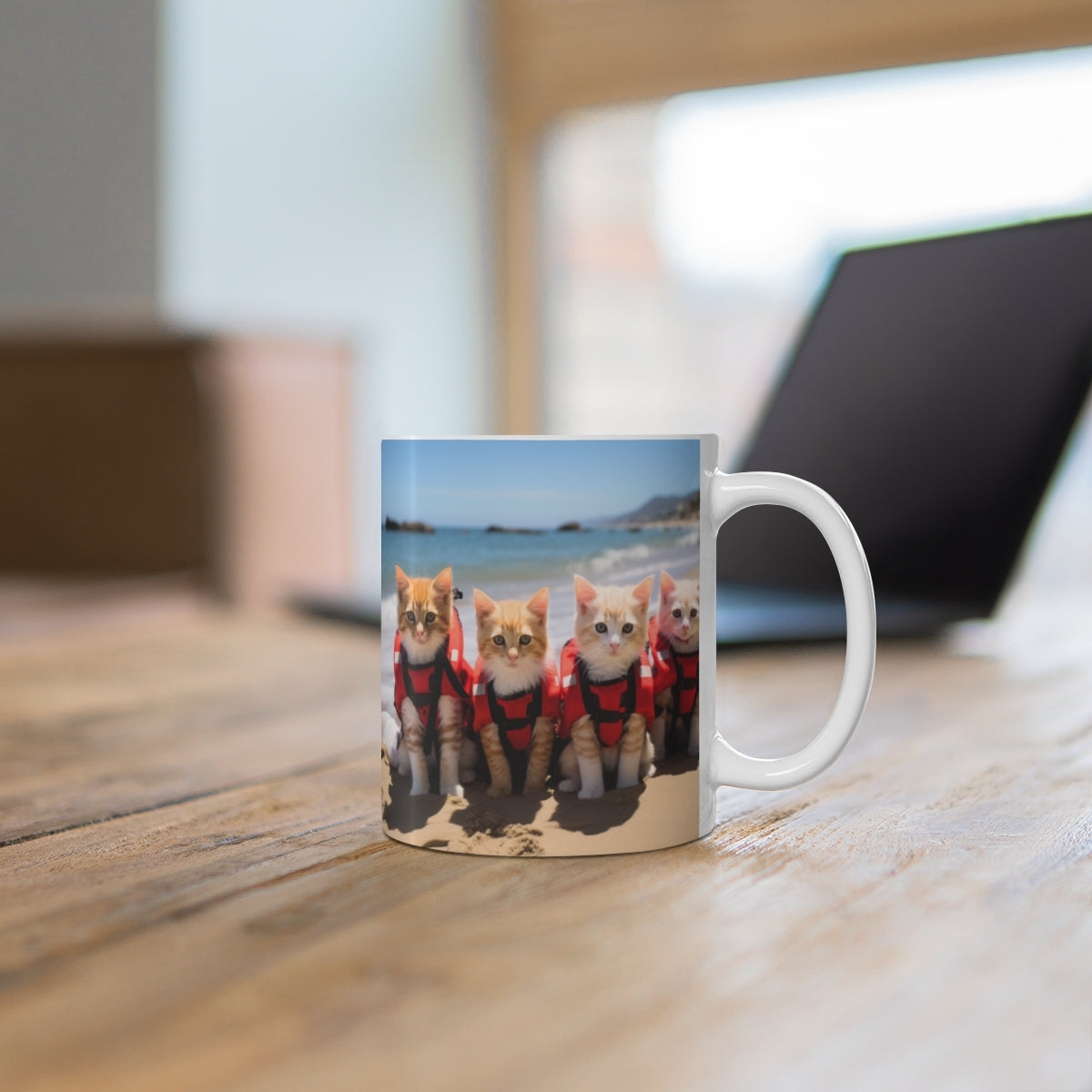 Adorable Cats in Life Jackets on a Beach Coffee Mug