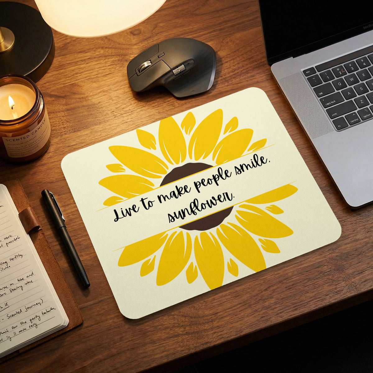 Mousepad with sunflower graphic and text "Live to make people smile. sunflower."