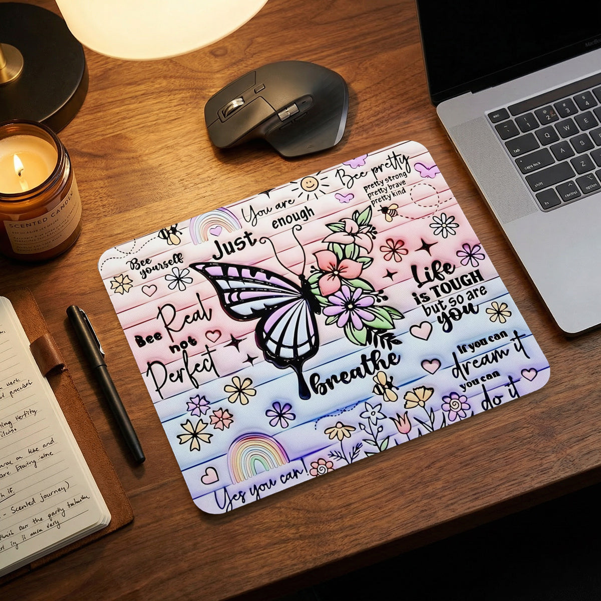 Mousepad with butterfly, flowers, rainbows, and text including "Bee yourself", "Breathe", "Life is tough but so are you", and "If you can dream it you can do it".