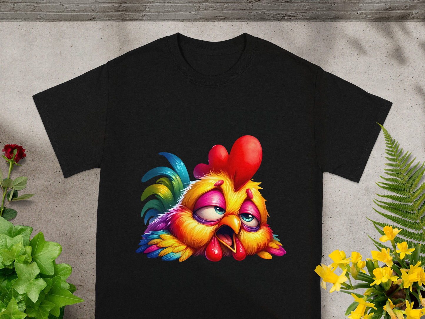 Colorful Sleepy Chicken Graphic Black T-shirt