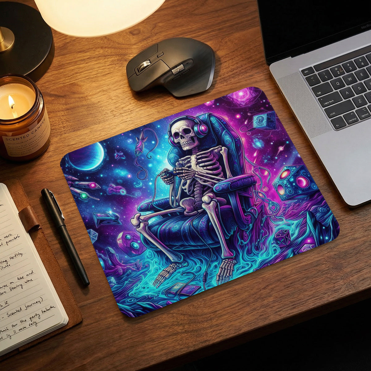 A rectangular mouse pad with a cosmic skeleton wearing headphones, sitting on a wooden desk.