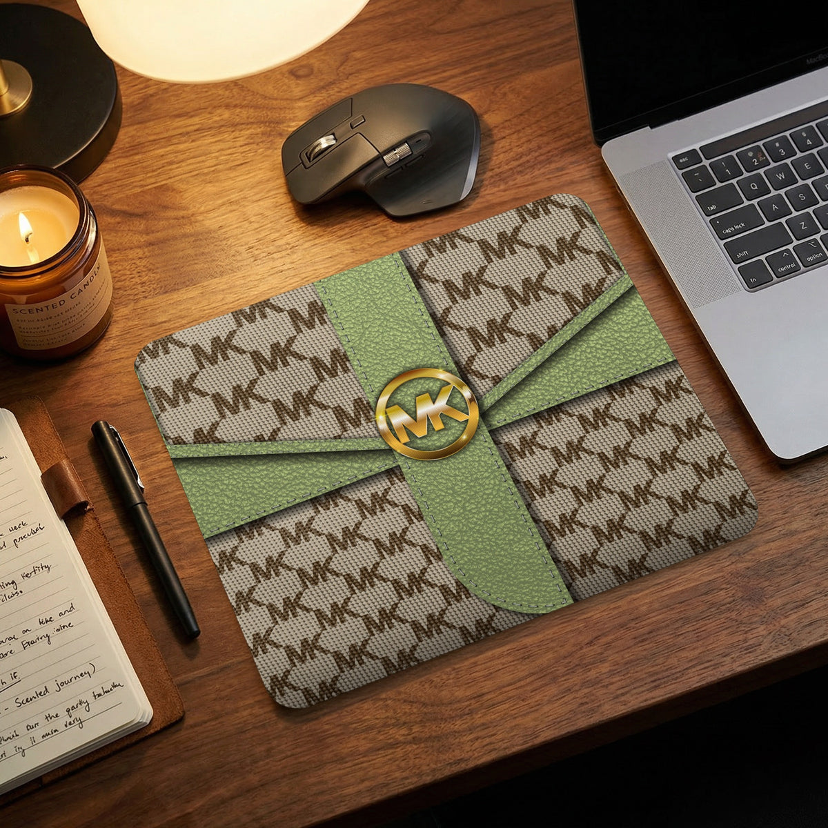 Michael Kors logo mousepad with MK pattern and green ribbon design.