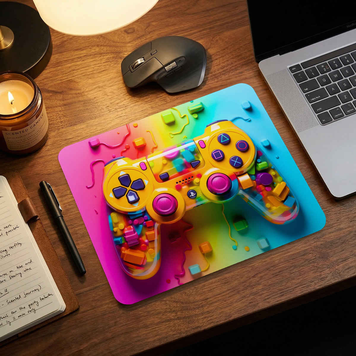 A colorful mousepad featuring a translucent yellow controller filled with vibrant shapes on a wooden desk.