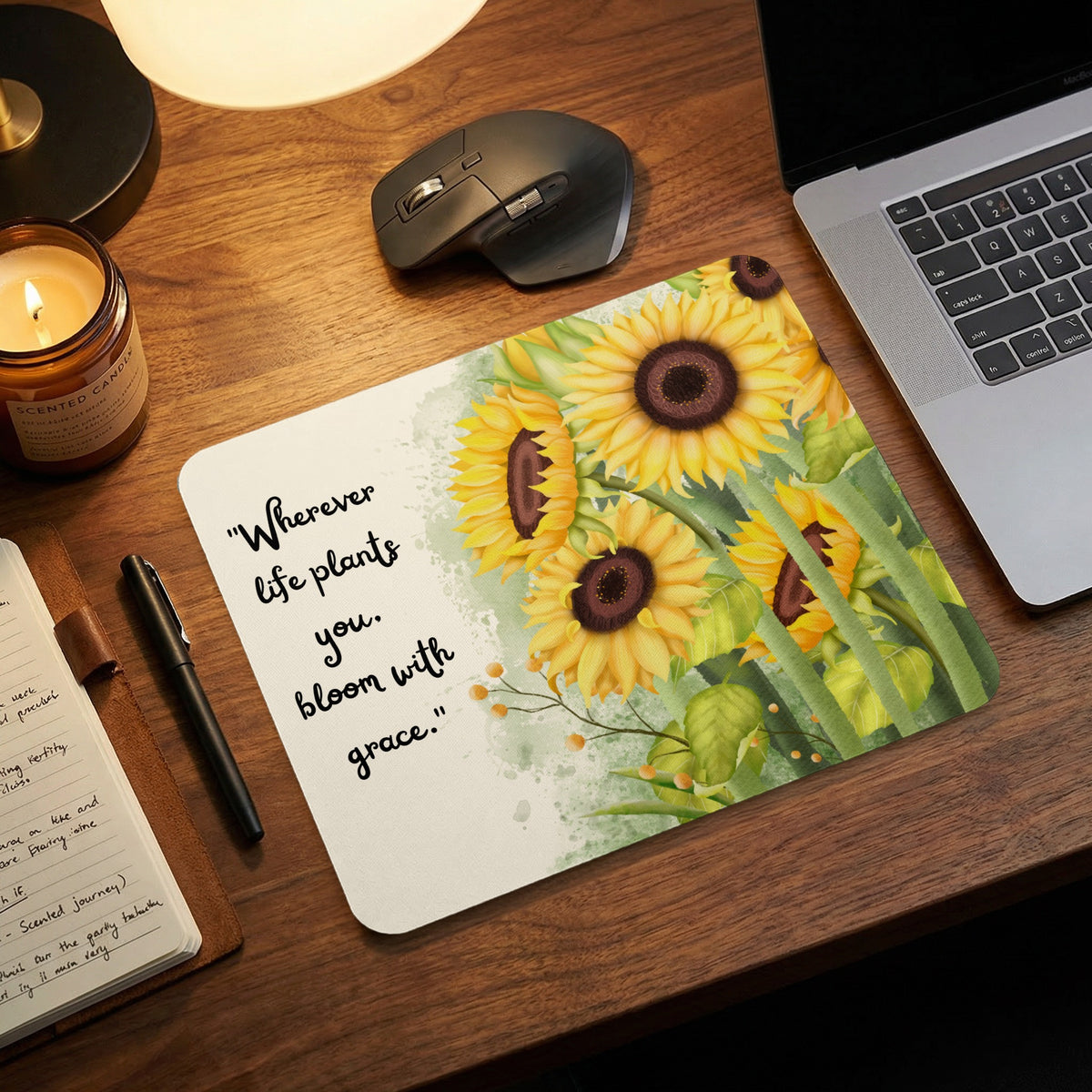 Mousepad with sunflowers and quote "Wherever life plants you, bloom with grace."