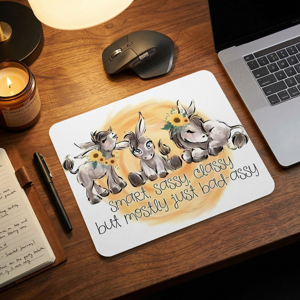 A white mousepad on a wooden desk features three cute donkeys and the text Smart, sassy, classy, but mostly just bad-assy.