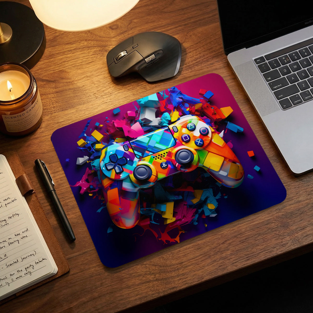 A rectangular mousepad featuring a colorful, abstract PlayStation controller graphic on a wooden desk next to a laptop, mouse, and candle.