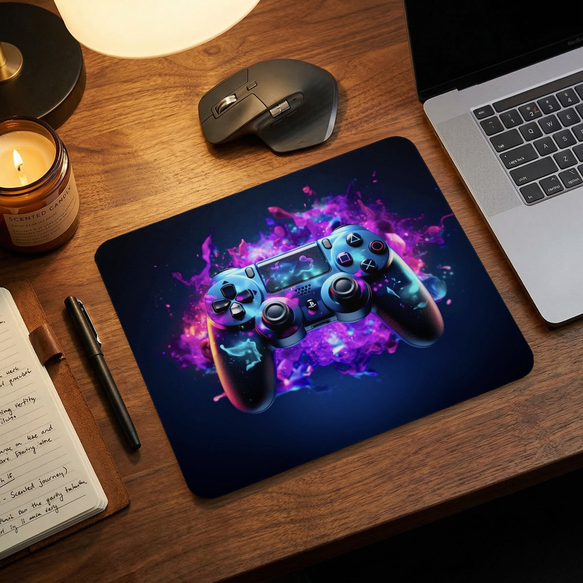 A rectangular mousepad featuring a blue and purple cosmic gaming controller graphic lies on a wooden desk.