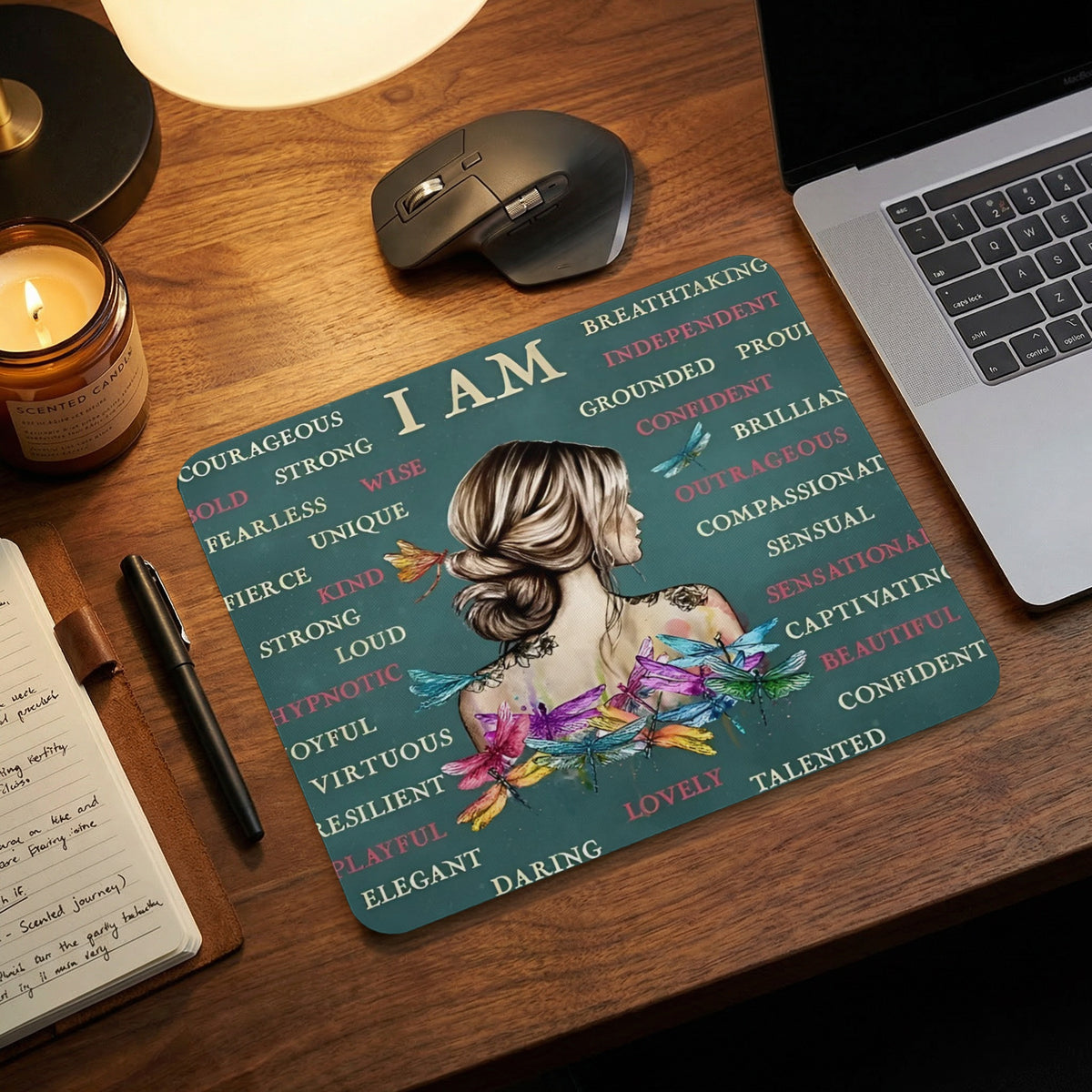 Mousepad with woman silhouette, dragonflies, and inspirational words like "I AM" and "BEAUTIFUL".