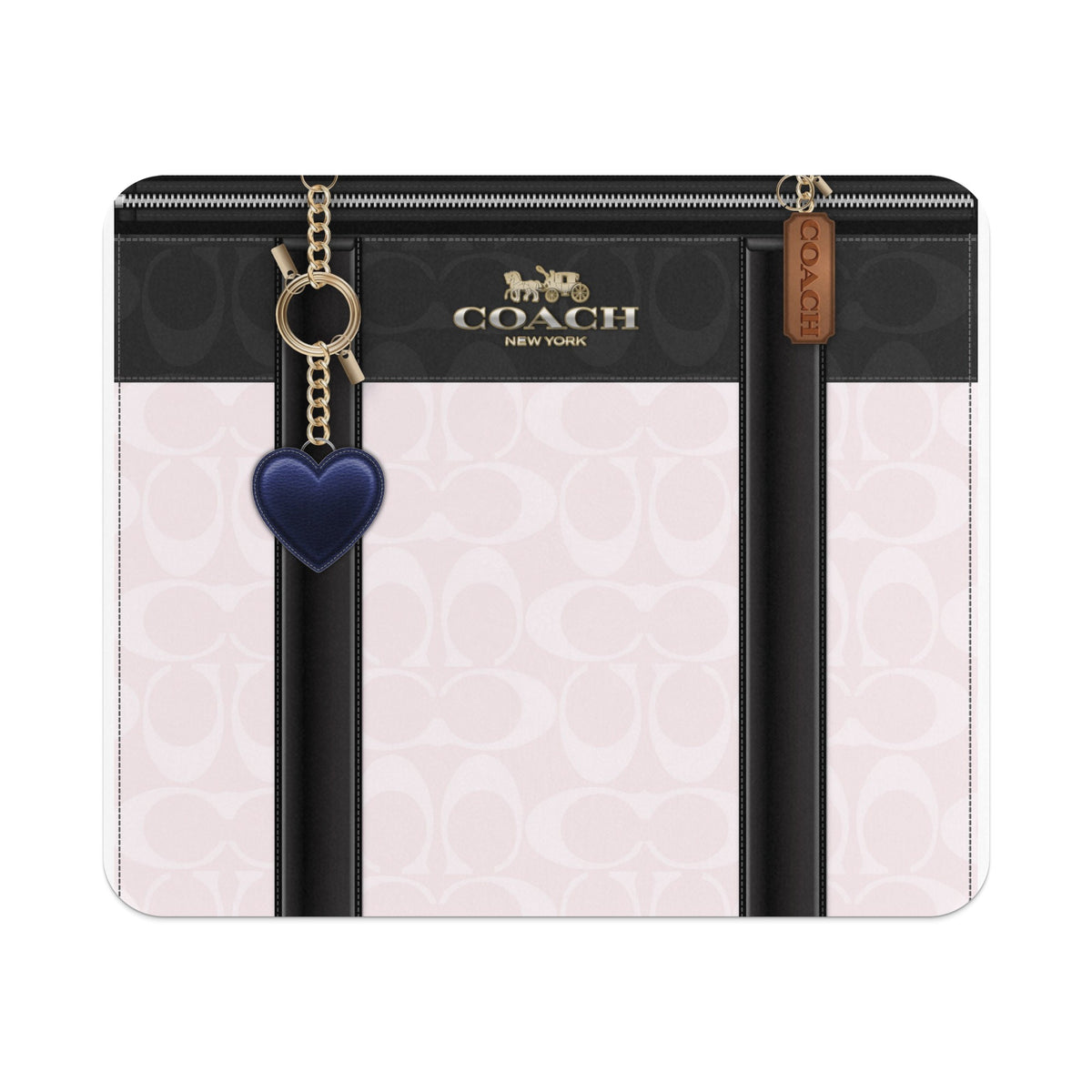 Coach wallet with black leather trim, signature C pattern, and heart keychain.