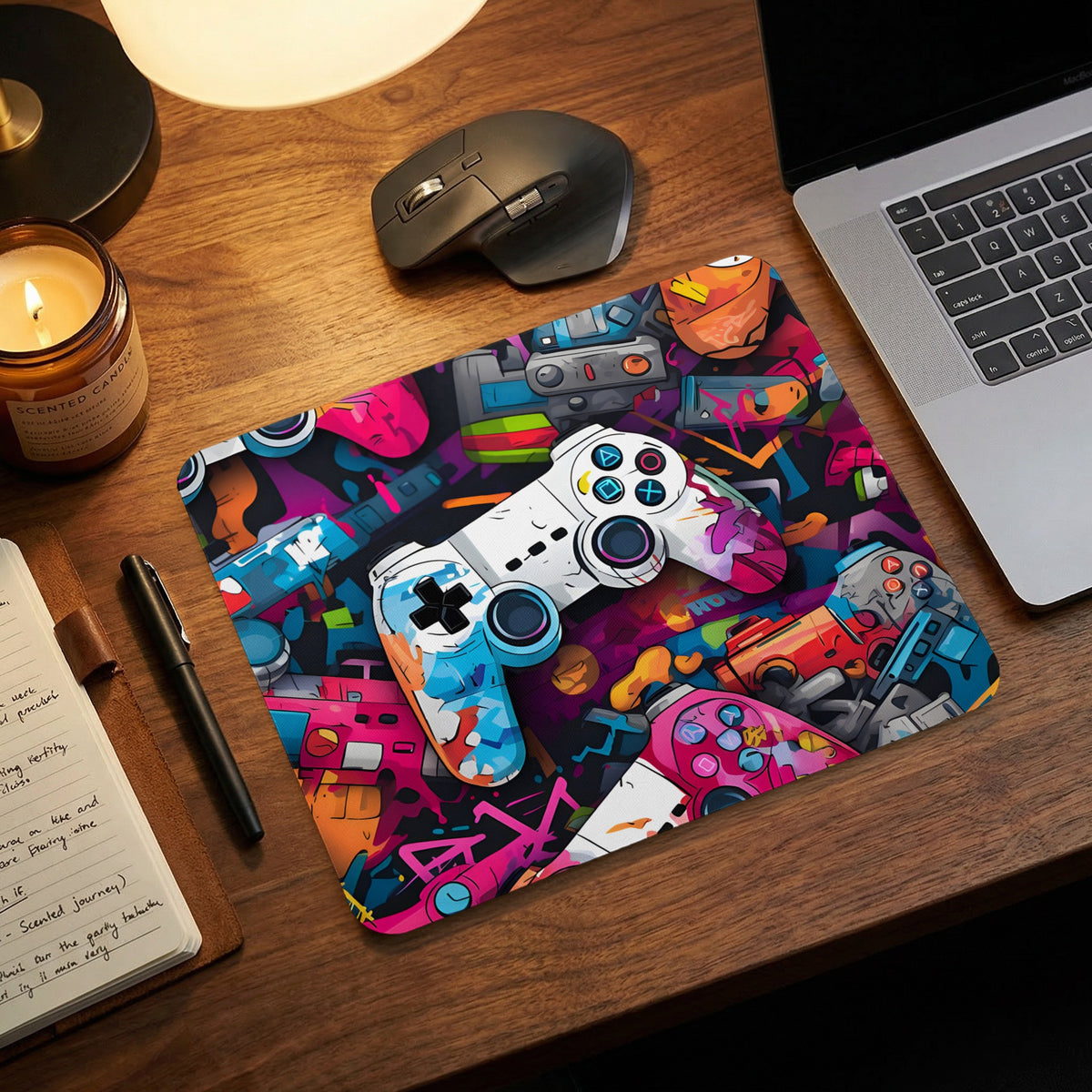 Rectangular mousepad featuring a colorful graffiti art collage of video game controllers on a wooden desk.