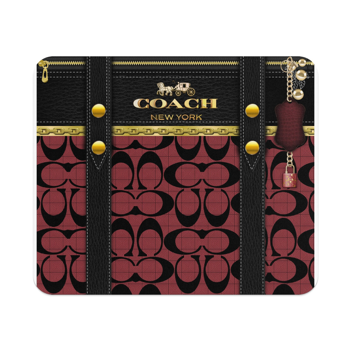 Coach pattern clutch with gold hardware and a crimson patterned charm.