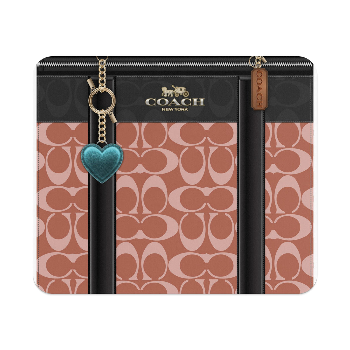 Coach monogram pattern clutch with gold hardware and teal heart charm.