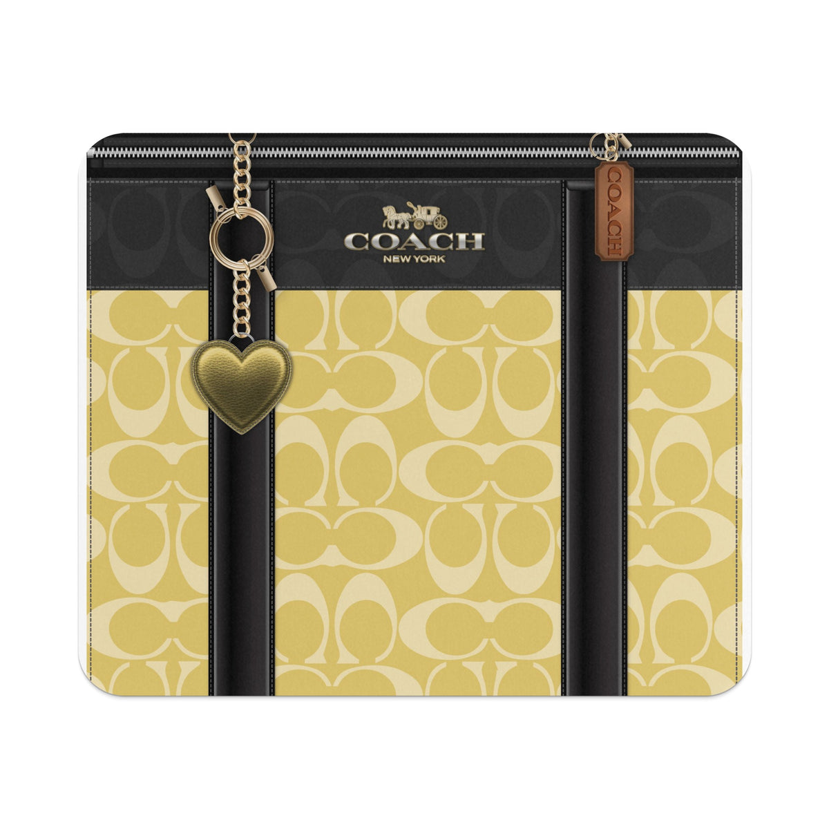 Coach New York wallet with gold heart charm and monogram pattern.