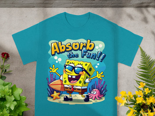 SpongeBob SquarePants on a teal t-shirt with "Absorb the Fun!!" text.