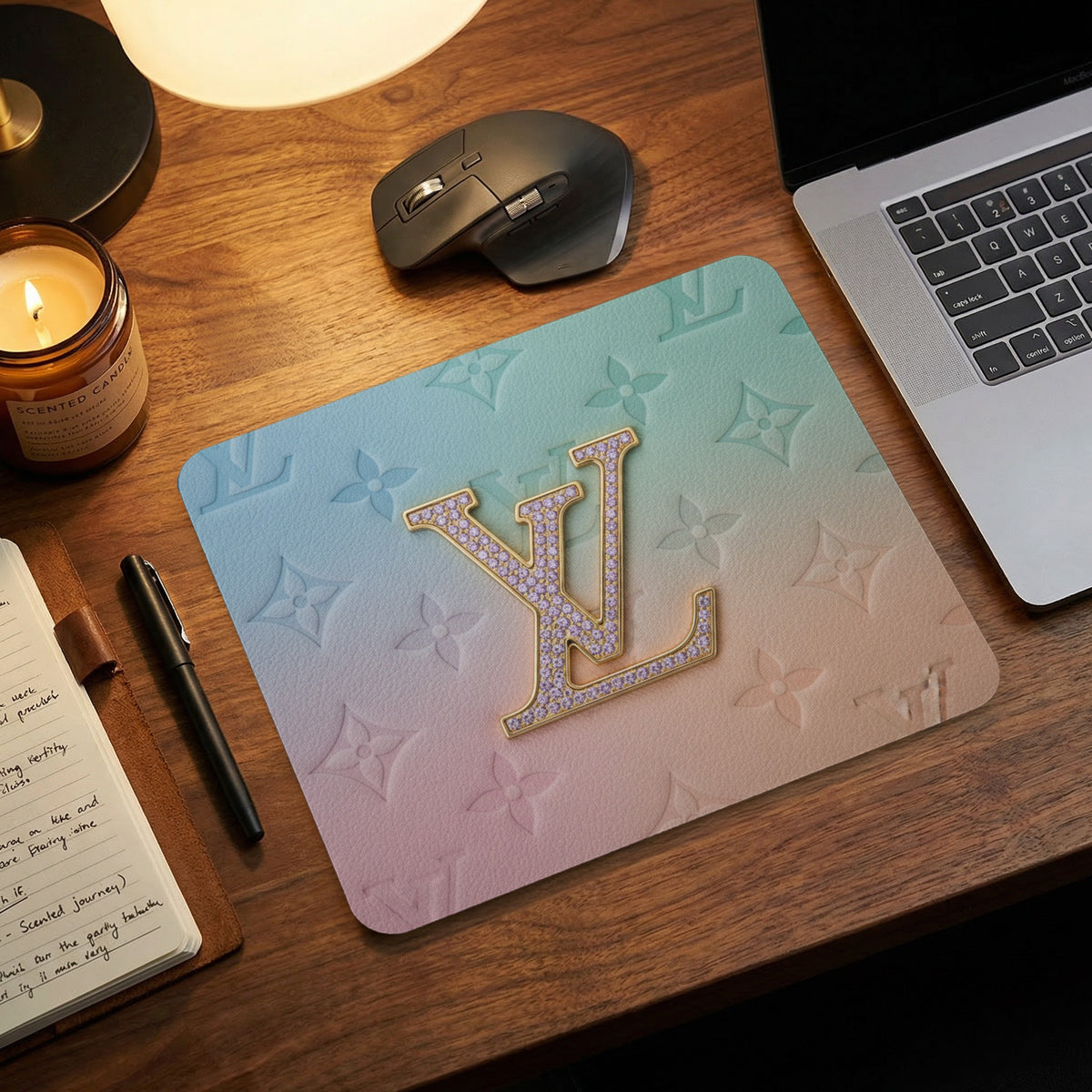 Mousepad with embossed monogram pattern and gold LV logo with rhinestones.