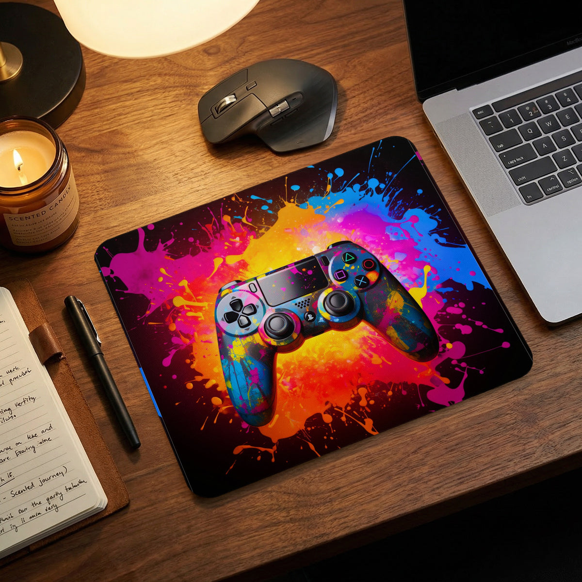 A rectangular mousepad featuring a vibrant, colorful paint splatter design with a game controller graphic, resting on a wooden desk.
