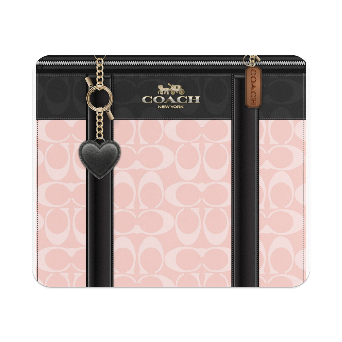 Coach pink and black monogram patterned case with black heart charm and gold chain.