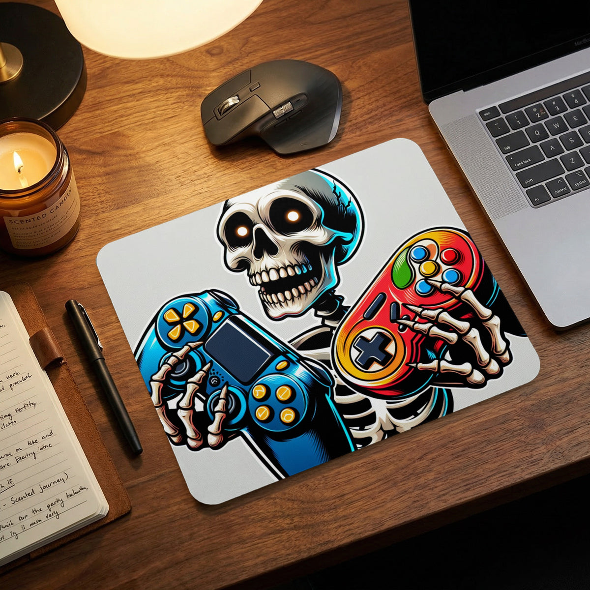 Mousepad featuring a grinning skeleton holding two retro video game controllers on a wooden desk.
