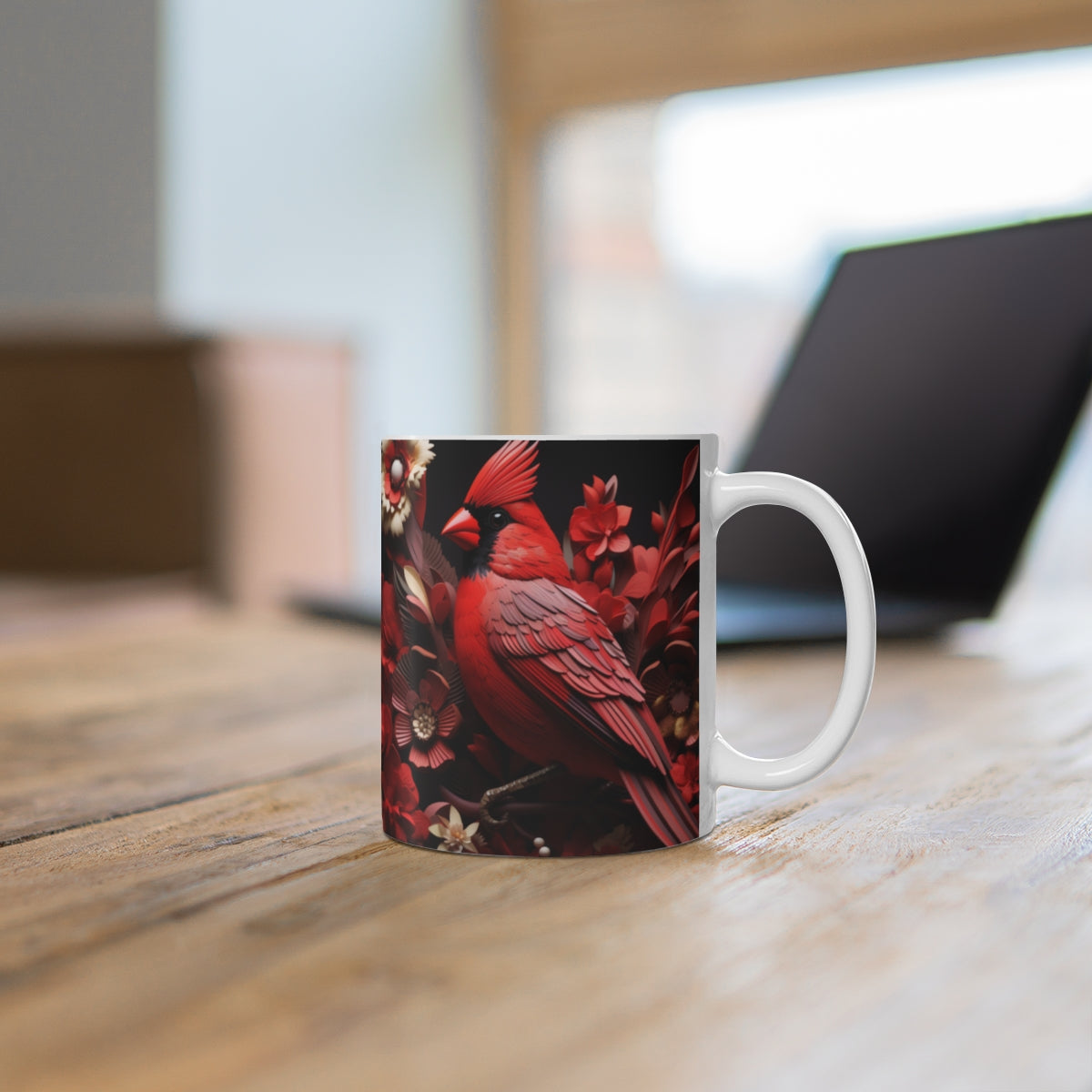 Vibrant Red Cardinal with Floral Design Mug