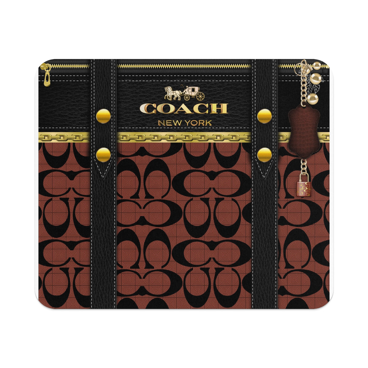Coach New York brown signature pattern with black leather accents and gold hardware.