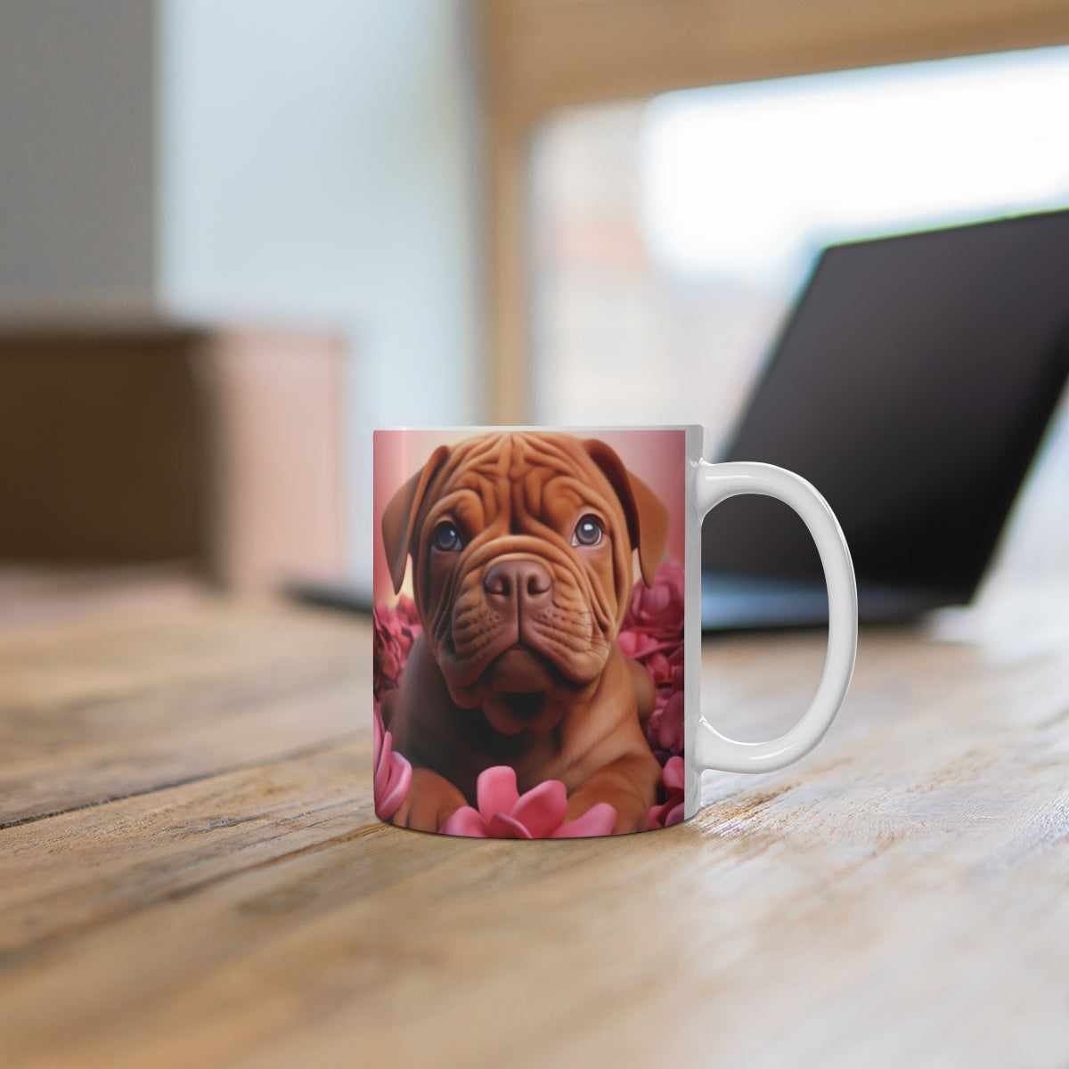 Adorable Puppy with Pink Flowers Design Mug