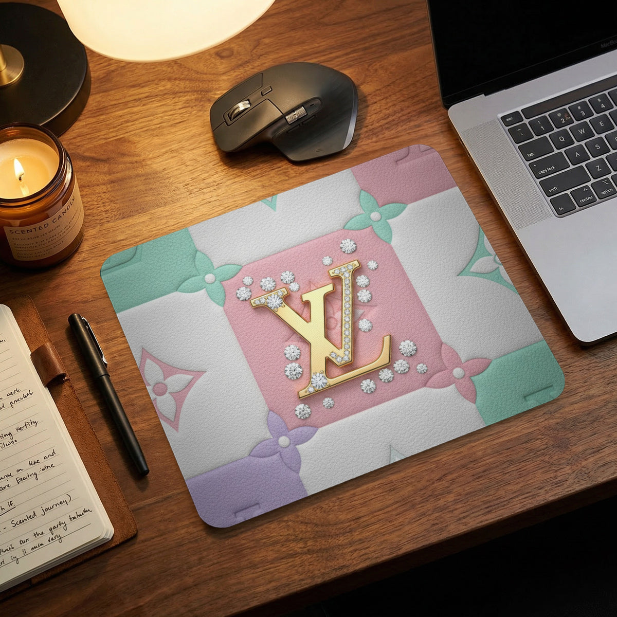 Gold monogram LV with diamonds on a pastel floral pattern mousepad.