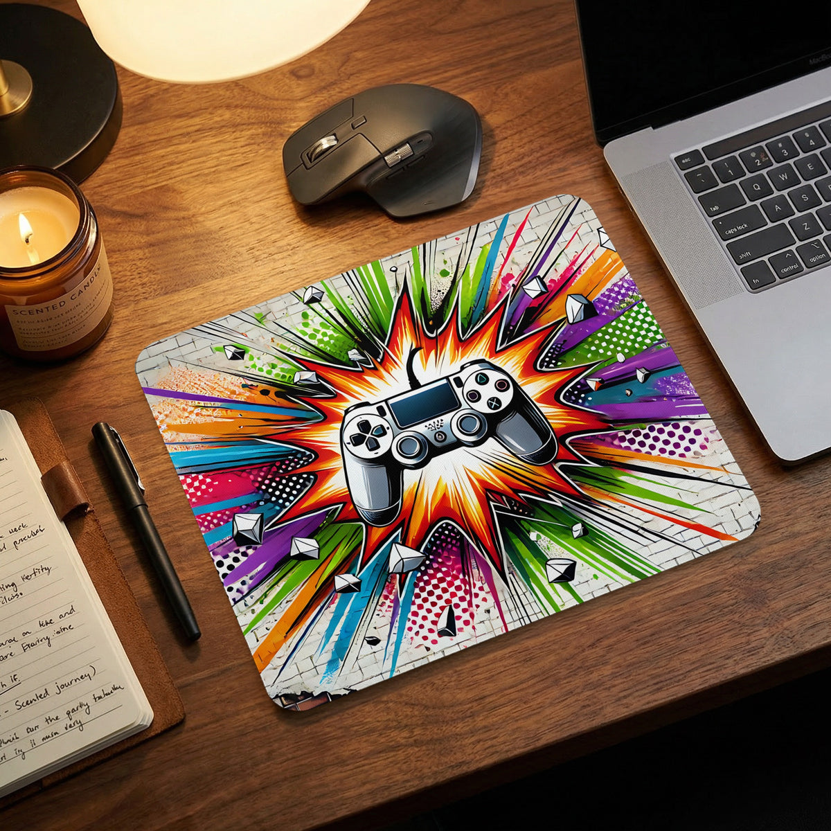 A vibrant gaming mousepad featuring a comic-style explosion and a video game controller sits on a wooden desk.