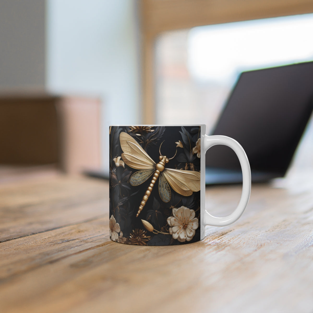 Elegant Golden Dragonfly and Floral Design Coffee Mug