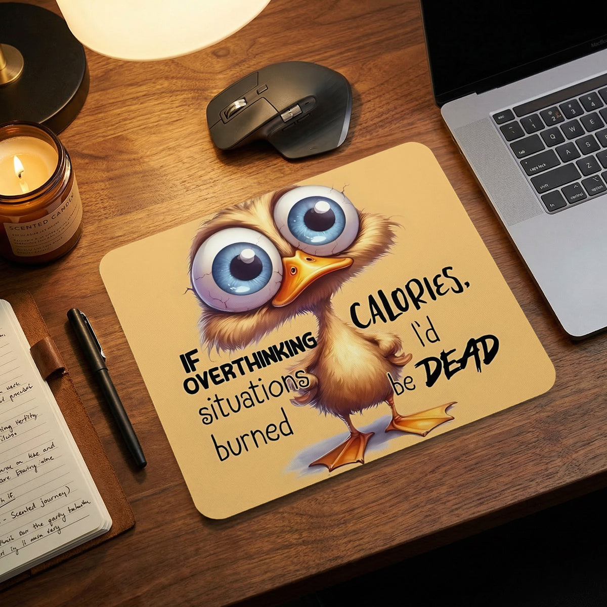 A rectangular mousepad featuring a cartoon chick and the text If overthinking situations burned calories Id be dead sits on a wooden desk next to a laptop and notebook.