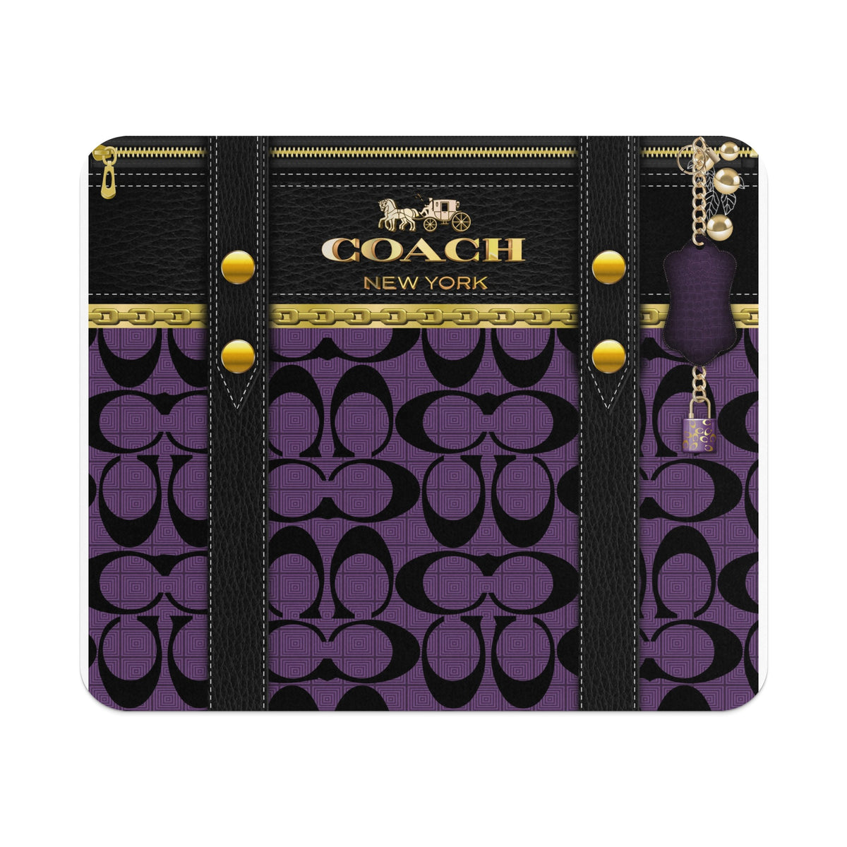 Coach pattern with leather straps, gold hardware, and a padlock charm.