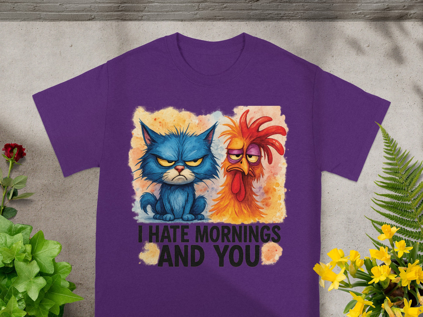 Purple t-shirt featuring a grumpy blue cat and a frustrated rooster.