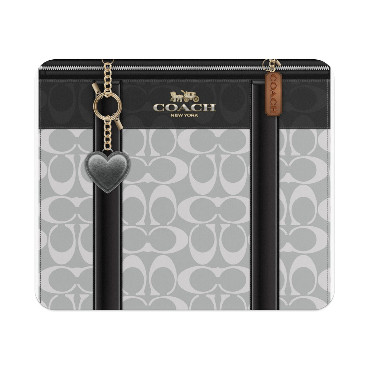 Coach bag with gray signature pattern, gold hardware, and heart charm.