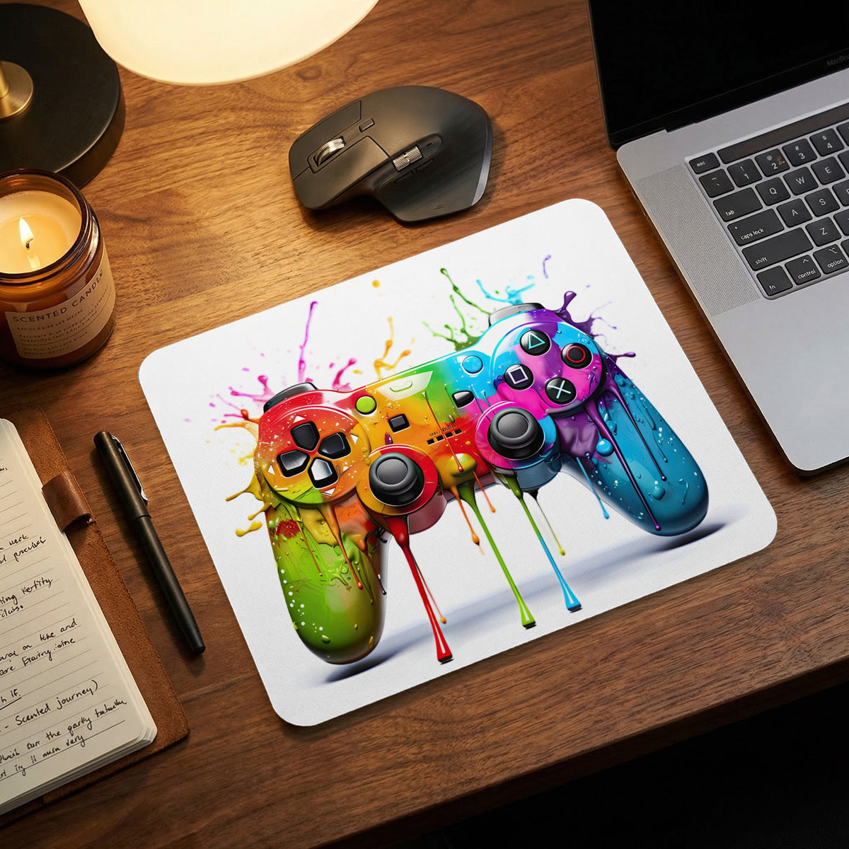 White mousepad featuring a colorful, melting game controller illustration on a wooden desk.