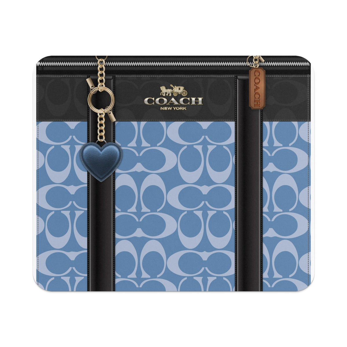 Coach pattern wallet with heart charm and gold chain detail.