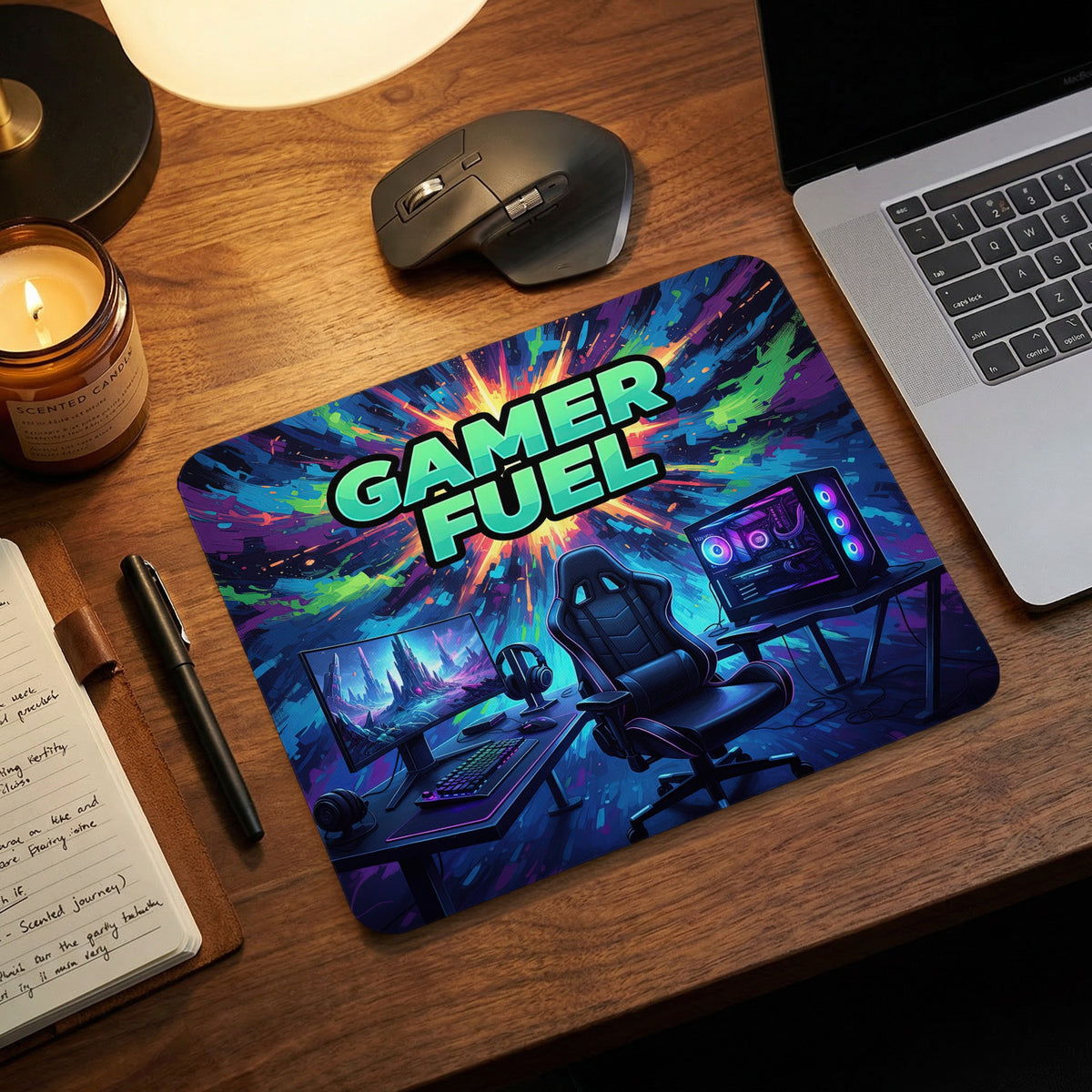 A rectangular mousepad featuring an illustrated gaming setup with the text GAMER FUEL on a wooden desk.