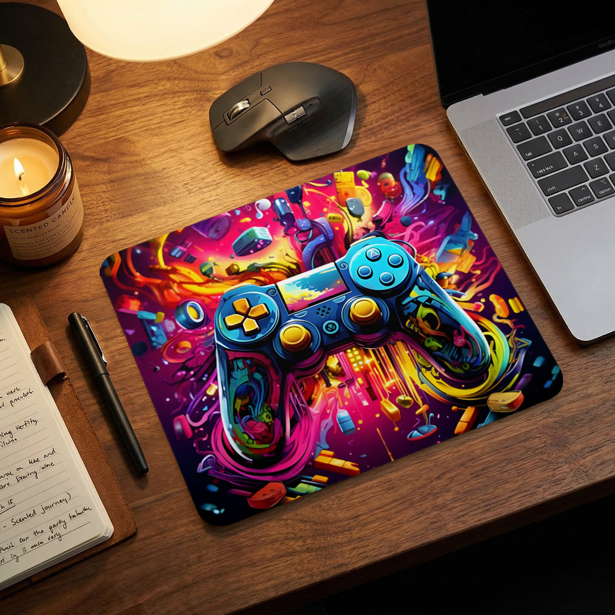 A gaming mouse pad featuring a vibrant, colorful abstract design with a game controller centerpiece on a wooden desk.