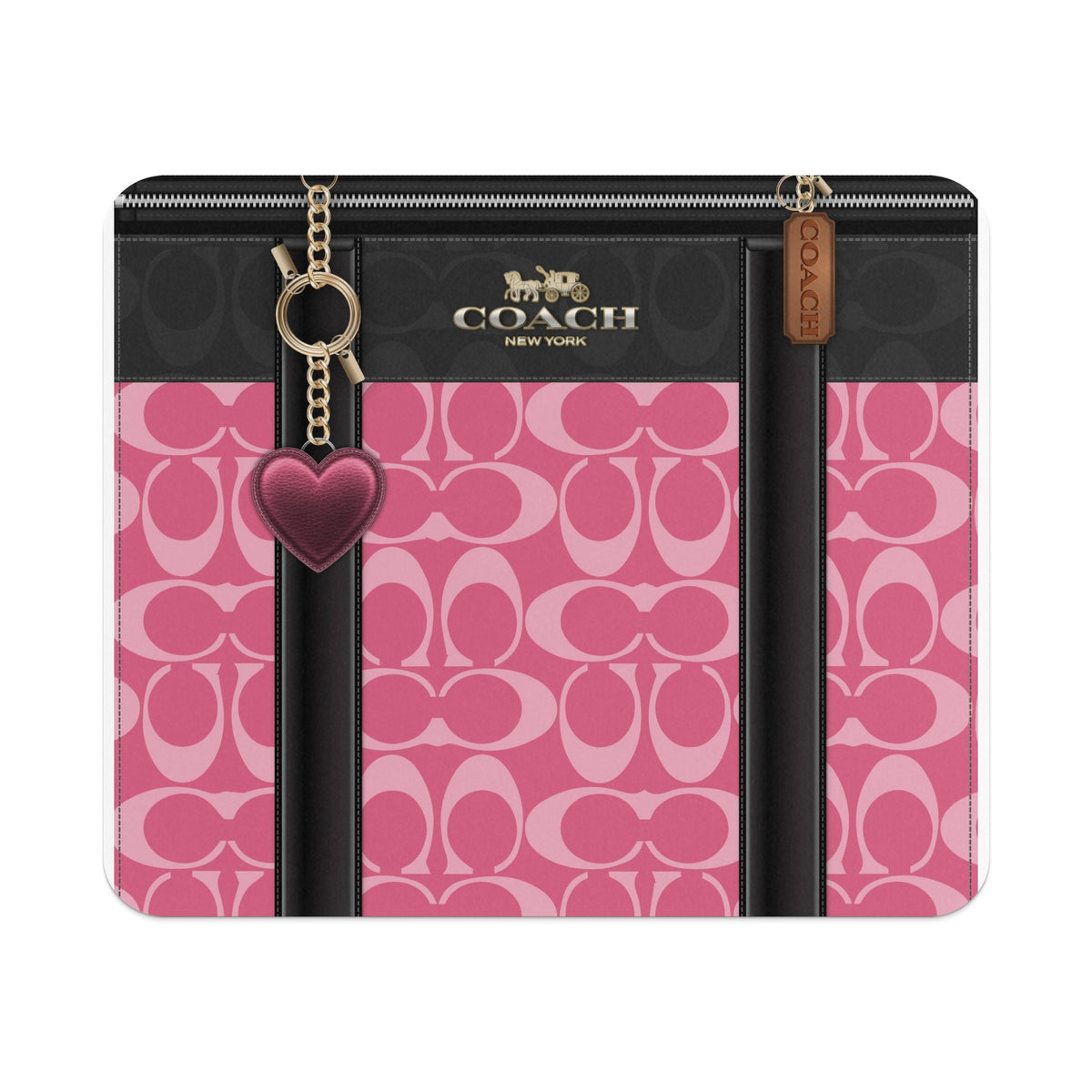 Coach wallet with pink monogram print and heart charm.