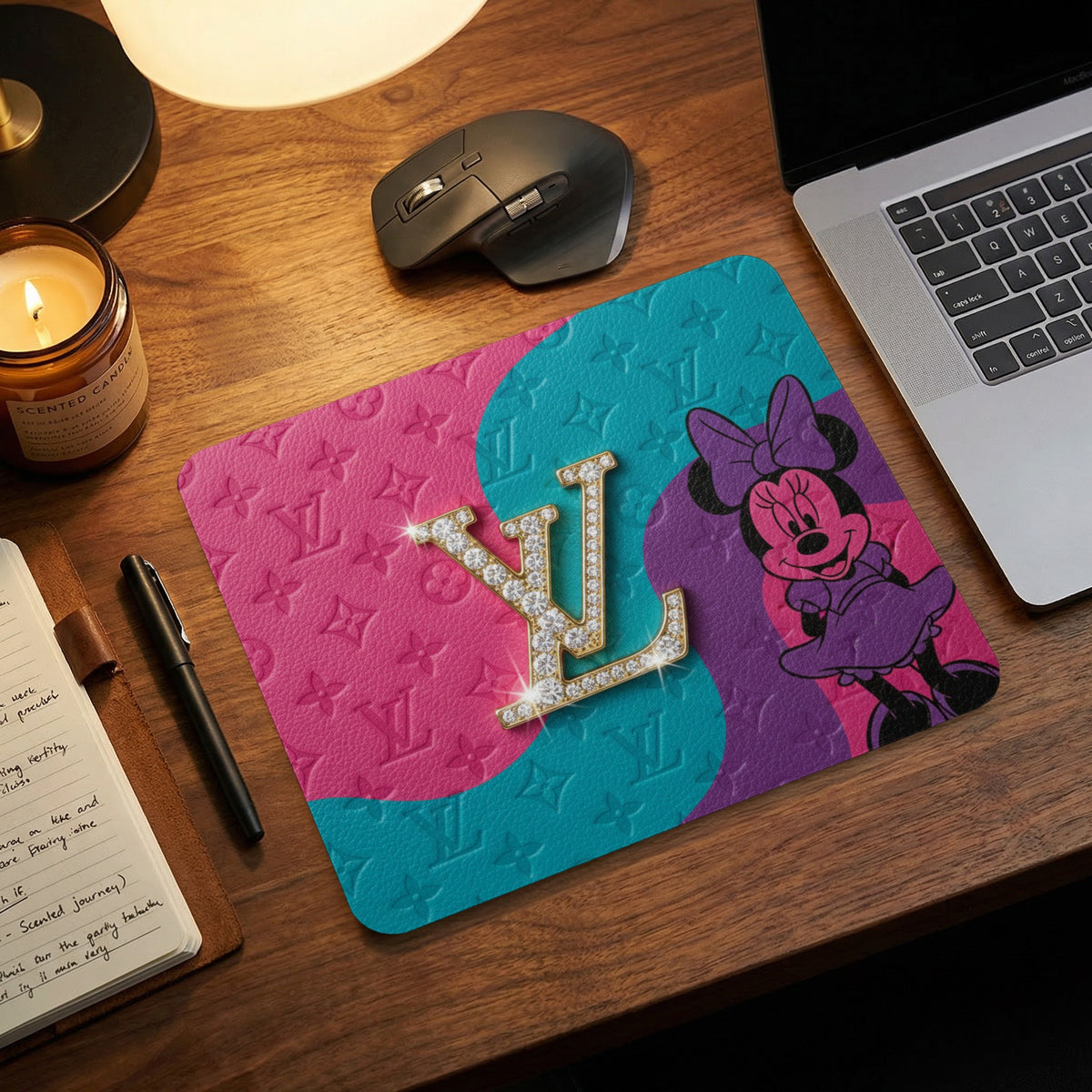 Mousepad with Minnie Mouse, diamond LV logo, and monogram pattern.