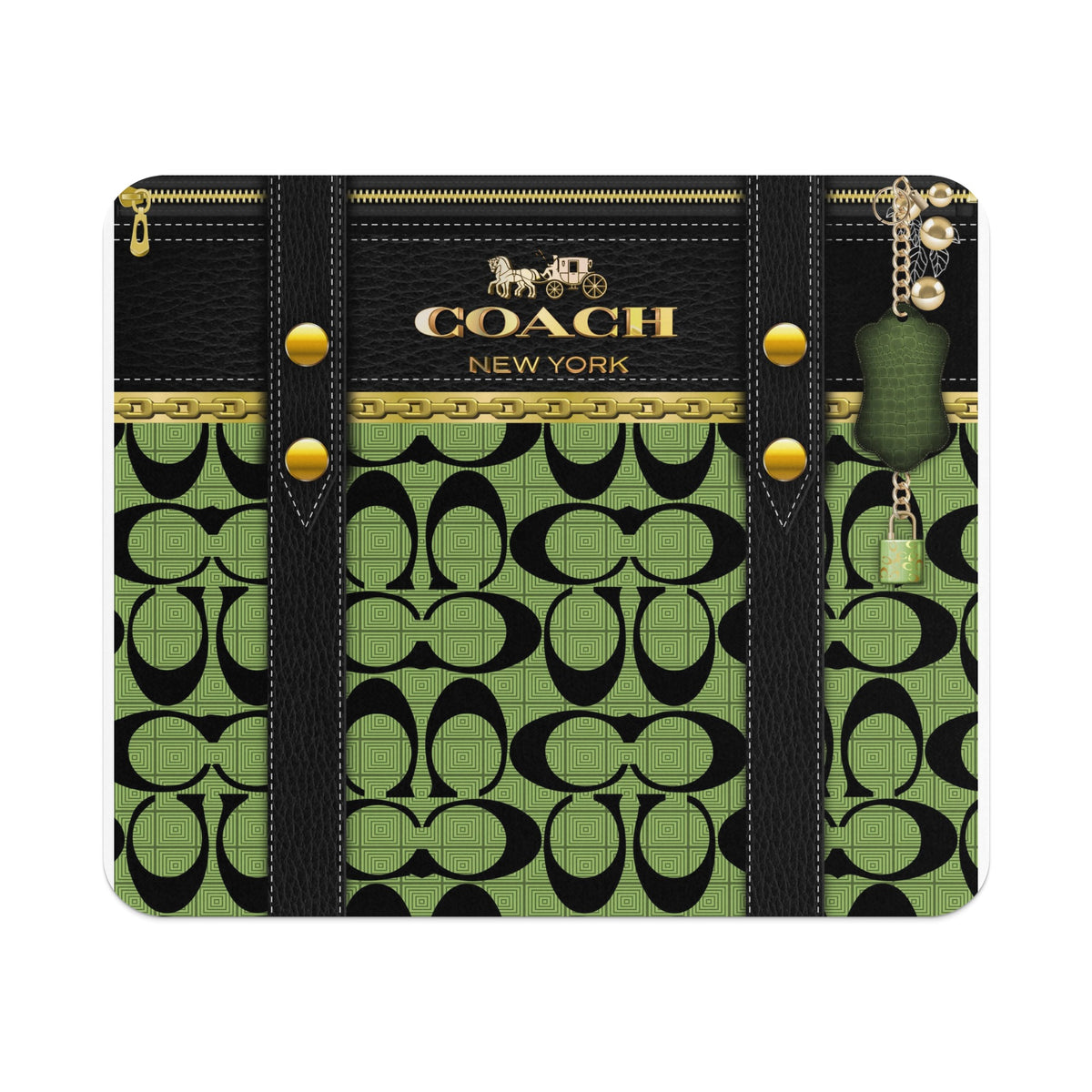 Coach New York black and green monogram pattern wallet with gold hardware and charm.
