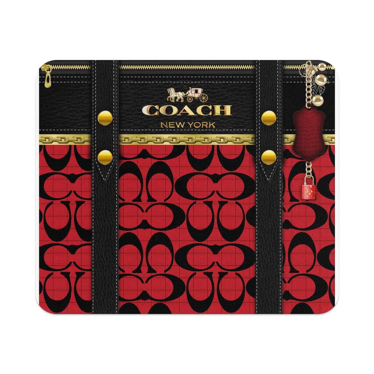 Coach logo on black leather with red and black pattern, gold chain, and charm.